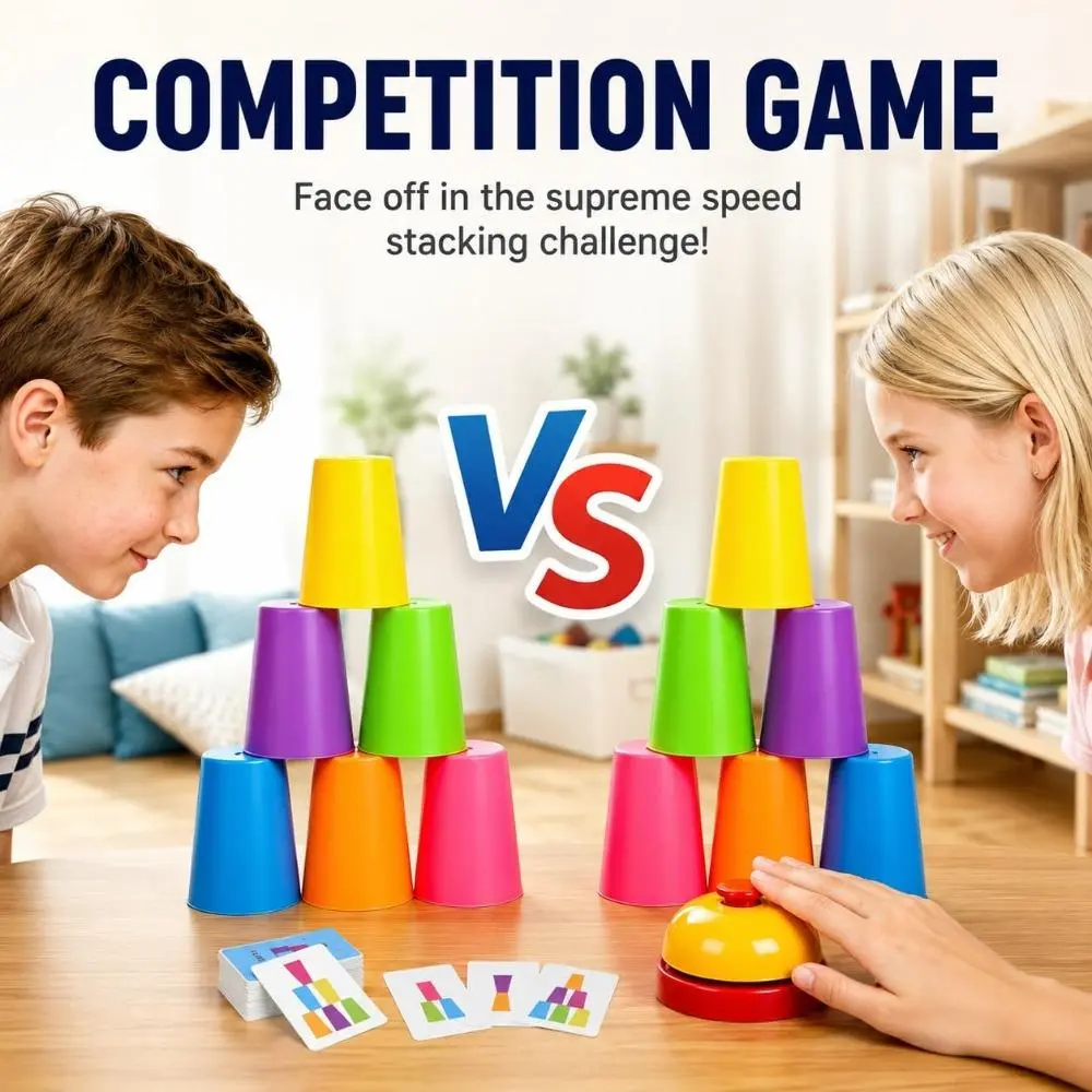 Speed Stacking Cups Game Toy, Single & 2‑Player Set for Kids Boys Girls, Colorful Flexible Stack Cups with 54 Challenge Cards, Competition Bell for Dual‑Player, Educational Desktop Battle Game for Preschool Family Party