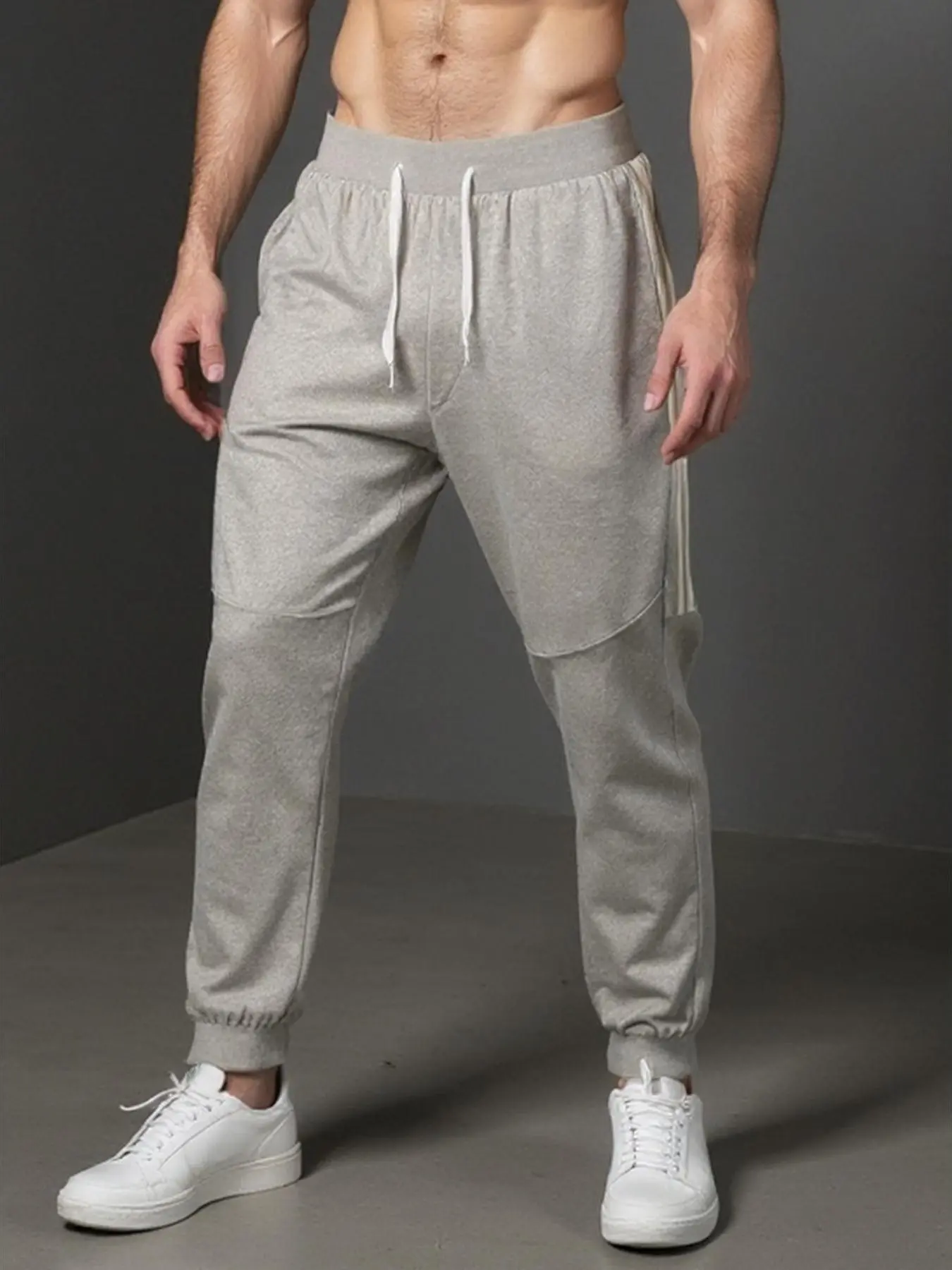 Men's Patchwork Side-Stripe Jogger Trousers - Elastic Drawstring Waist, Ribbed Cuff Sweatpants, Loose-Fit Casual Athletic Pants for Street Fashion, Workout