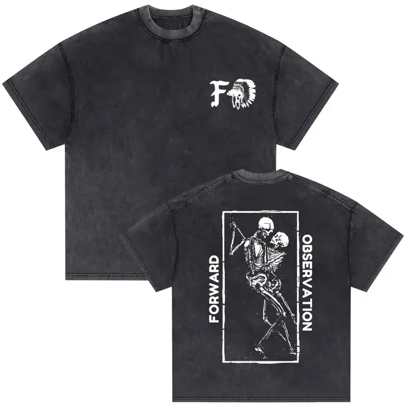 Menswear Comfy Cotton Short-Sleeve Washed Retro Forward Observations Group Skeleton Graphic Oversized Streetwear Casual T-Shirt for Men, Shortsleeve
