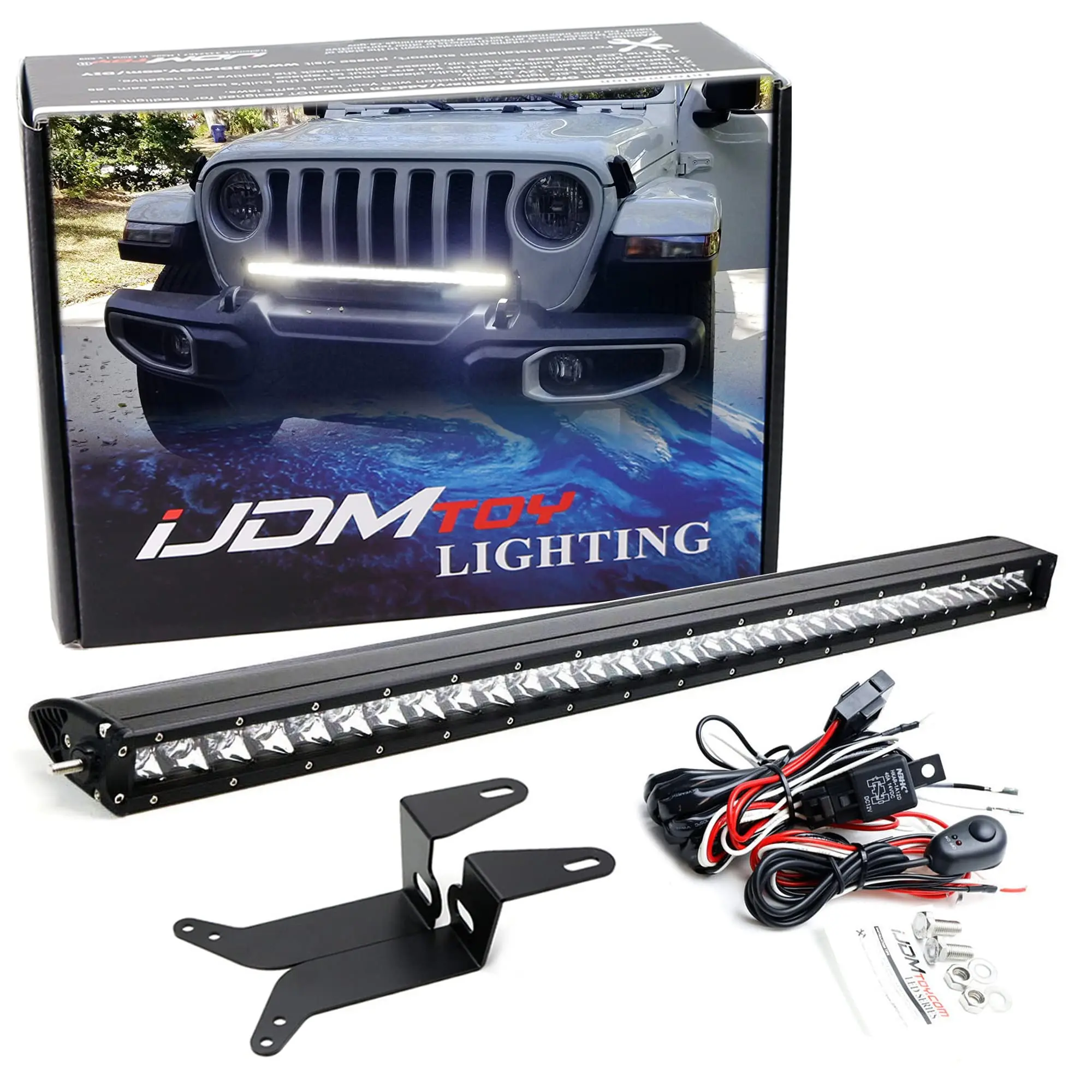 iJDMTOY Front Bumper Mount 30-Inch Single Row LED Light Bar Kit For Jeep 2018-up Wrangler, 2020-up Gladiator, 150W LED Lightbar, Above Bumper Mounting Brackets & On/Off Switch Wire