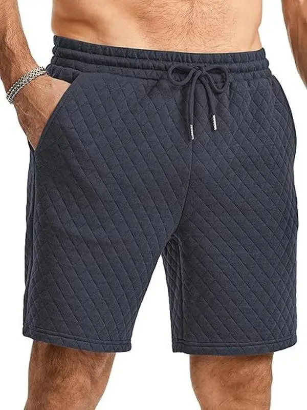 Men's Beige Loose Fit Polyester Mid-Thigh Diamond-Pattern Summer Athletic Shorts - Drawstring Elastic Waistband, Side Pockets, Machine Washable, Tank Top, T-Shirt, Menswear, Stylish