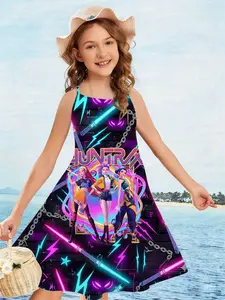 Girls Kpop Summer Strap Dress, Street Style Sleeveless Tank Top, Cyberpunk 3D Creative Print, Casual Fashion