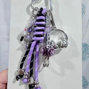 Handmade Borahae Purple Paracord Bag Charm | Chunky Heart Carabiner Backpack Accessory | Silver Headphones & Vintage Army Letter Beads