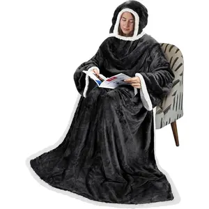 Hooded Wearable Blanket with Sleeves, Full Body Throw Reading Wrap TV, Cozy Flannel Blanket Robe, Gift for Adult Men Mom Grandma