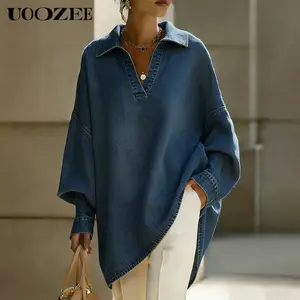 UOOZEE Women's 2026 Oversized Fit High Low Hem Denim Shirt, V-Neck Collar Long Sleeve Tunic Top, Loose Fit Washed Denim Blouse, Casual Boyfriend Style Shirt, 3 Colors Available