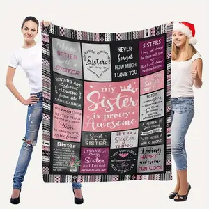 Sister's Gift Blanket — Pink Geometric Patchwork Design with Heartwarming Quotes | Birthday & Christmas Gift for Sisters | Flannel Throw Blanket