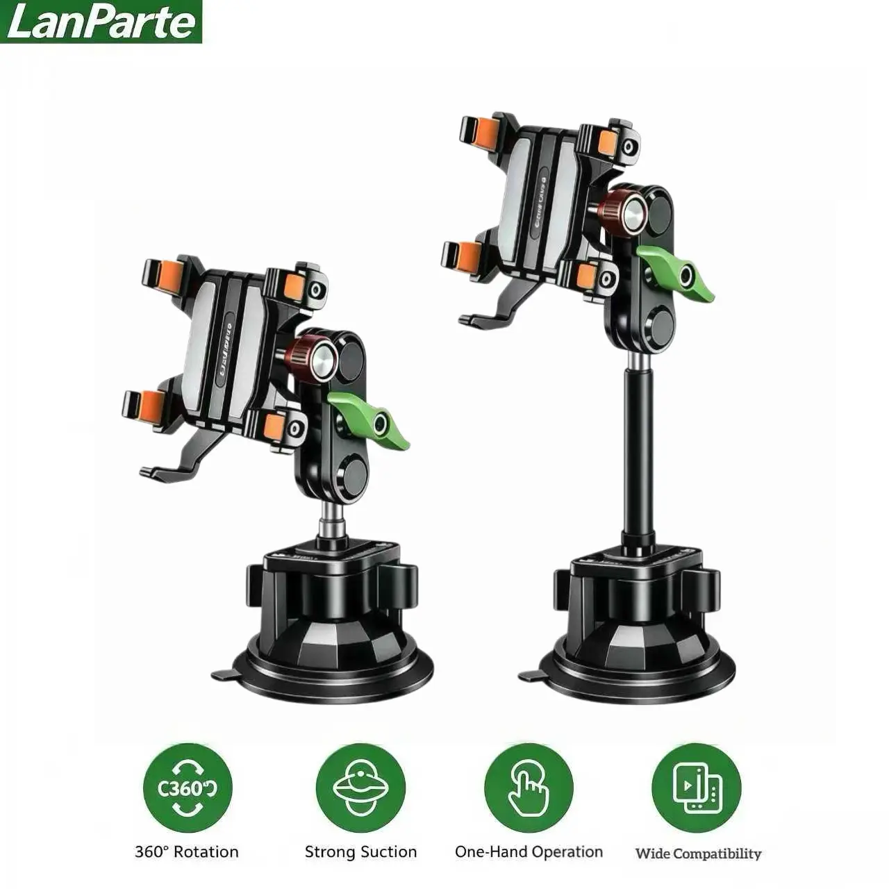 LanParte RBA-T01L 5-Claw Aluminum Alloy Metal Car Phone Mount - Extended Arm Vacuum Suction Cup, Heavy-Duty Design, 360° Rotation, Fits 6.1-7.2" Smartphones, Driving Safety Accessory for Truck Commuters