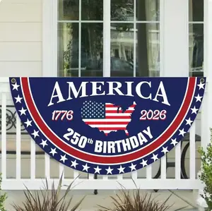 USA 250th Anniversary Polyester Semicircle Fence Banner, 1776–2026 Patriotic Bunting Flag, American Flag Half Round Banner, Fourth Of July Independence Day Outdoor Decor, USA 250 Years Porch Fence Party Banner