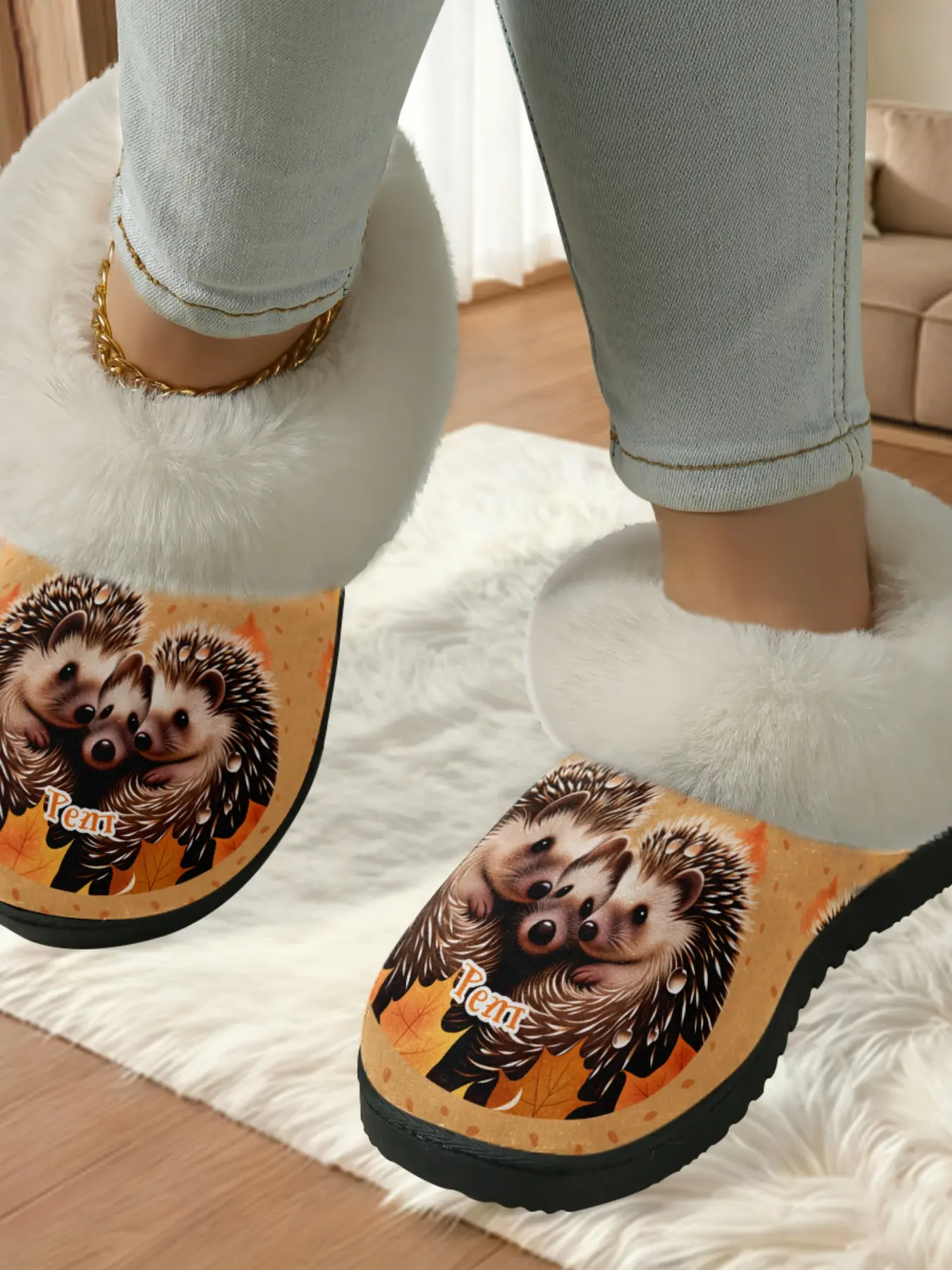 Cute Hedgehog Family Printed Cotton Slippers, Warm Autumn Healing Style, Fuzzy Lined Anti-Slip Thick Sole, Home Unisex Fall Winter Shoes