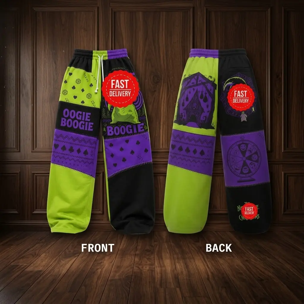 Green Loose Sweatpants, Retro Purple & Green Patchwork Wide Leg Lounge Pants, Spooky Graphic Casual Trousers
