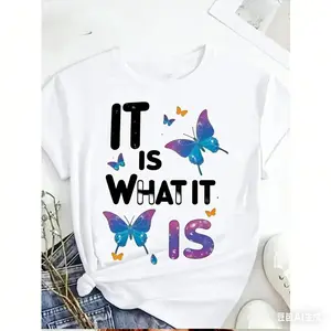 Plus Size Cotton T Shirt with Colorful Butterfly Graphic and Inspirational It Is What It Is Quote Casual Round Neck Short Sleeve Top for Spring Summer Fall Perfect Unisex Gift for Mother Day and Juneteenth