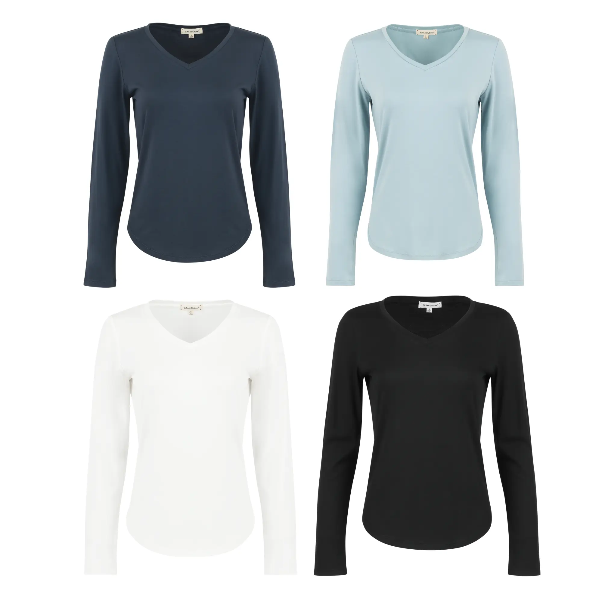 【Size Up】Urban Diction Crewneck & V-neck, Curved Hem Buttery Soft Long Sleeve- Set of Three/Four, Multi Color Basic Comfort Soft Tops, Womenswear   Casual Minimalist