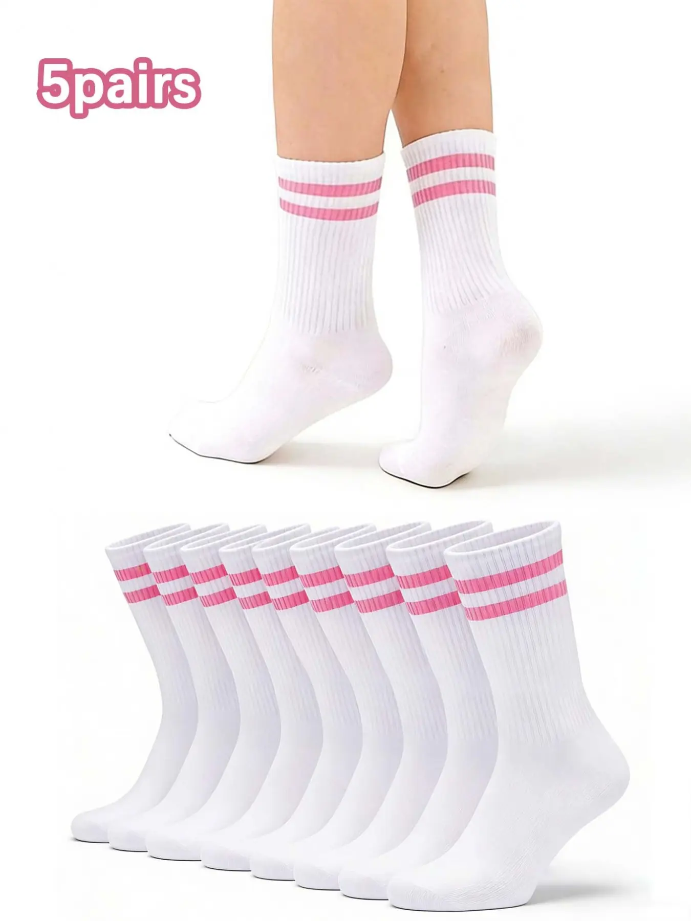 Women's Striped Solid Color Mid-Calf Socks, Fashionable Simple Comfort, Casual All-Season Wear, College Style Pairing, Soft Comfy Sock Set