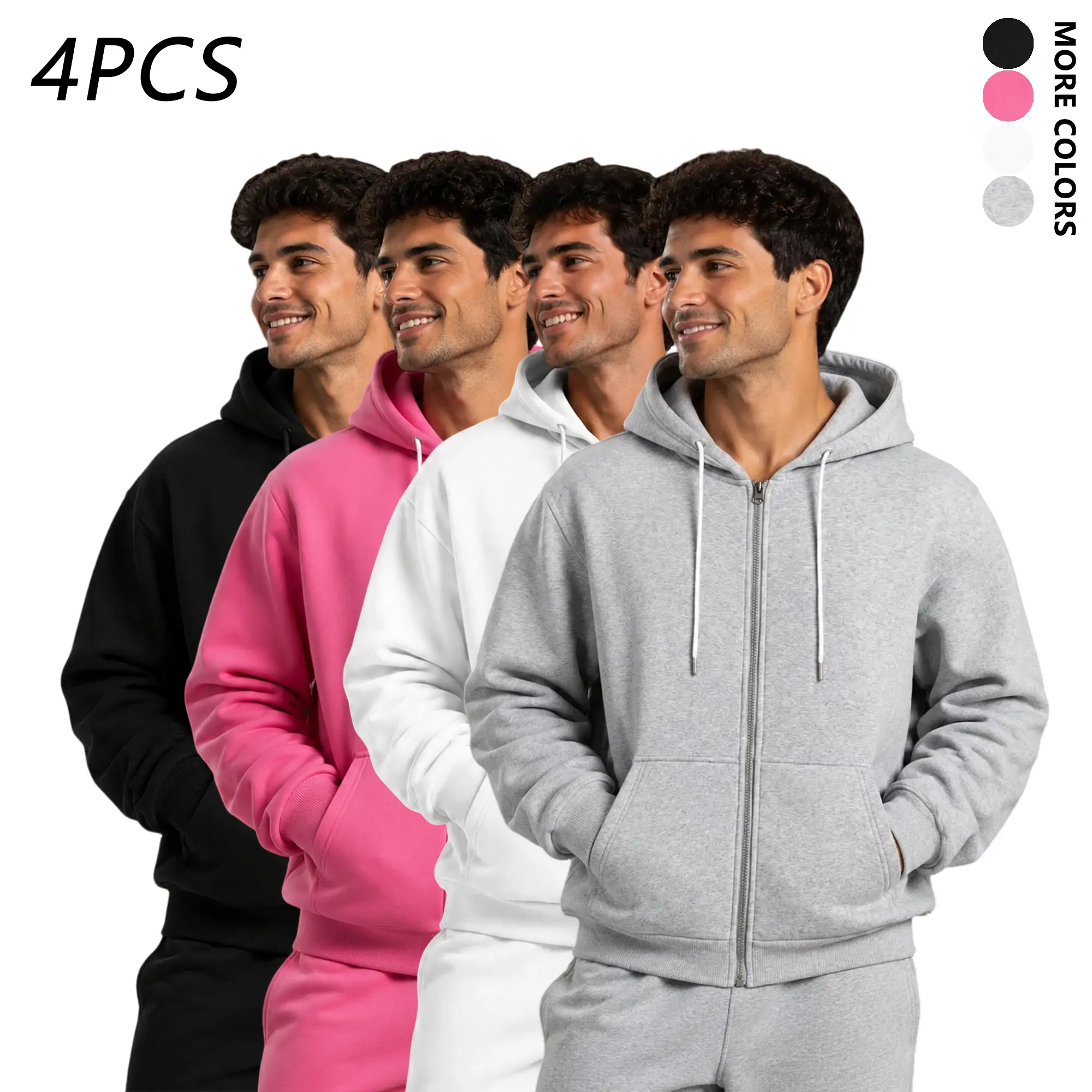 Men's Solid Pullover Hoodies 4-Pack - Casual Style, Drawstring Hood, Front Pockets, Available in Dark Gray, Black, Navy, Light Gray, Sizes S, M, L, None