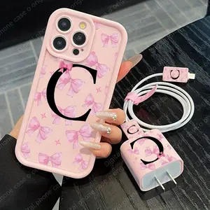 Bow iPhone Case Set, Shockproof Protective Cover for iPhone 15 Series & More, Includes Charger Protector & Cable Wrap
