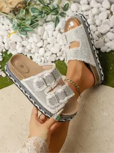 Women's Summer Fashion Thick Sole Sandals Bohemian Style Platform Slides 2026 New Trendy Rhinestone Colorful Stone Slippers O Wedge Beach Shoes Must-have for Coastal Vacation Glitter Decorated Sandals