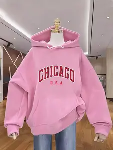 Autumn Winter New Fashion Chicago Usa Letter Print Hoodie Jacket, Casual Loose Fit Long Sleeve Outerwear Gift for Boyfriend Girlfriend