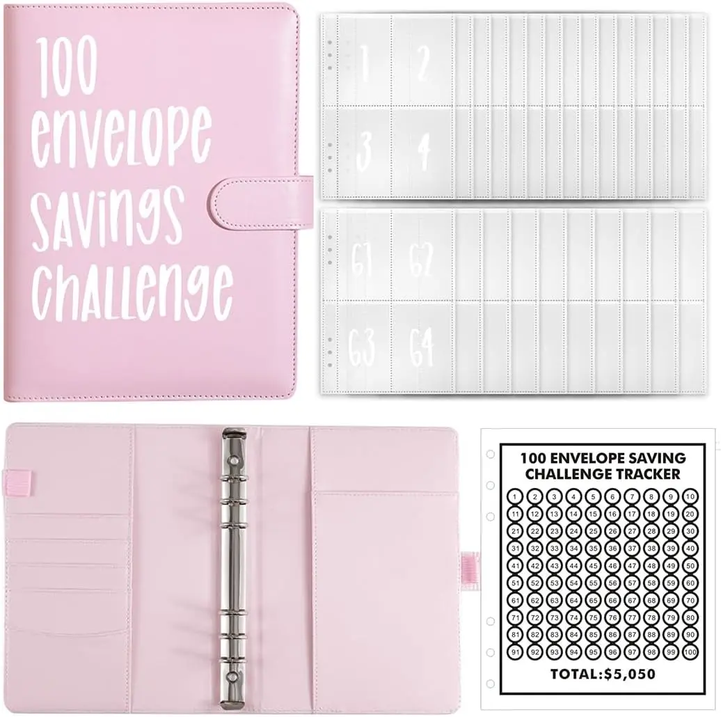Saving Challenge Binder with Numbered PVC Cards（100 Envelope），Savings Challenges Book with Envelopes & Challenge Tracker, Motivational Process to Save $5050, Money Saving Binder 100 Pocket Pre-numbered