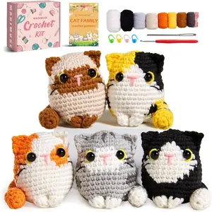 Crochet Kit for Beginners, Beginner Crochet Kit with Step-by-Step Video Tutorials, DIY Crochet Animal Kits Amigurumi Craft Knitting Supplies, 5 Pack Cats (40%+ Yarn)