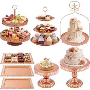 8 count Cake Stands Set Metal Dessert Table Display Tiered Cupcake Holder Candy Donut Fruit Plate Cake Serving Tray with Handle  Serving Tower for Wedding Birthday Party(Rose )