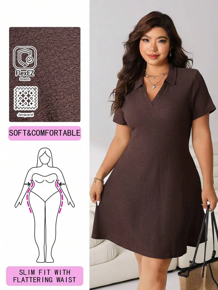 CurveHaus Solflare Plus Size Brown Summer Smart Casual Everyday Work Dress,Jacquard Textured Elastic Knit Fabric,Shirt Collar,Waist Cinched,A-Line Short Casual Dress