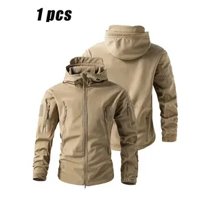 Men’s tactical fleece hooded jacket with multiple pockets, military-style windproof coat—an essential for winter warmth and outdoor hiking/camping; windproof outerwear