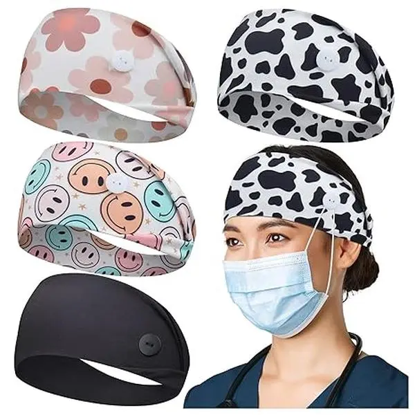 Headbands with Button for Mask, Wide Nurses Headbands Non Slip Elastic Ear Protection for Women Men Doctors Sweatband Headband