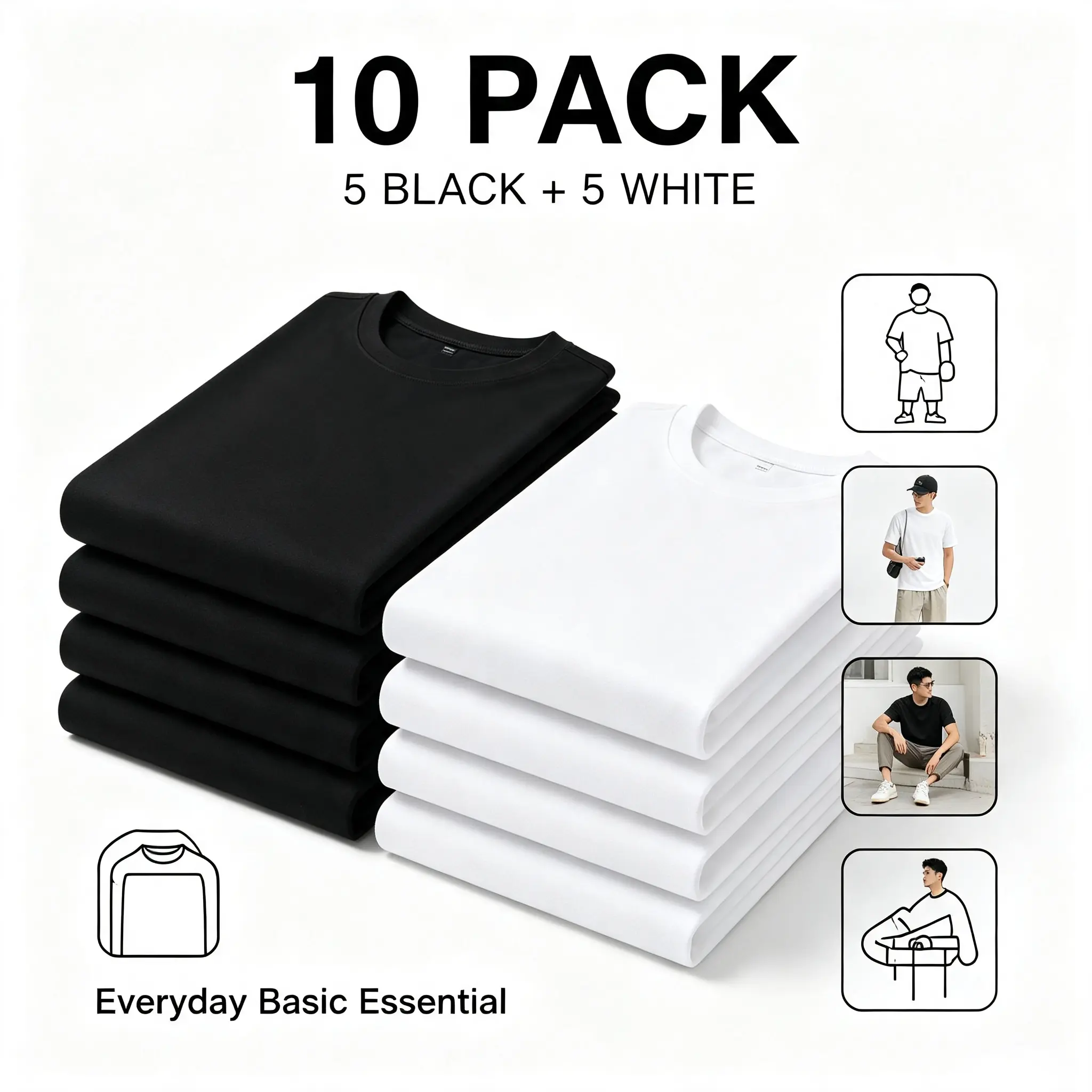 Menswear Short-Sleeve Crew Neck T-Shirts, 10-Pack Unisex Basic Top, 5 Black + 5 White, Soft Breathable, Casual Daily Wear for Men Women, S-3XL cotton tee