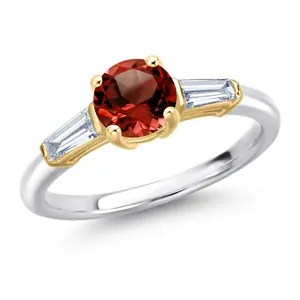 Gem Stone King 10K Two-Tone Gold Gemstone Birthstone and Lab Grown Diamond Engagement Ring for Women | Round 6.5MM and Tapered Baguette 5X2.25MM | Wedding Anniversary Promise Ring | Sizes 5, 6, 7, 8, 9