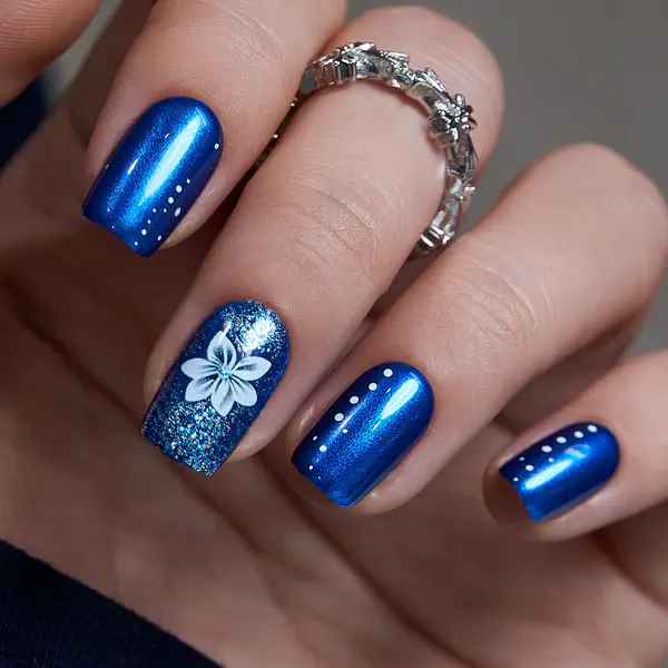 CurvLife Pearl Floral Dream Press-On Nails – 30PCS Short Square, Blue Pearl Shimmer Finish with Delicate White Floral Accent, Glossy Metallic Glow, Elegant & Feminine Design, Non-Toxic, Reusable, Easy Application, Daily Wear, Dates & Special Occasions
