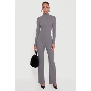 Ribbed Knit Zip Front Mock Neck Jumpsuit