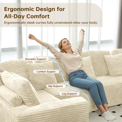 Niccae 135.5-Inch Modular U-Shaped Corduroy Couch - 6-Seater Recliner with Reversible, Freely Configurable Design, Gray Striped Fabric, 3-Pack Shipped Modular Upholstered Living Room Sofa