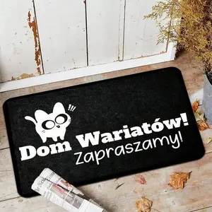 1pc Soft Flannel Mat |     Polish "Dom Wariatów! Welcome! Humorous Theme Entrance Mat, Non-Slip Backing, Washable, Rectangular, Fits Home, Garden Patio, Laundry Room, Bathroom Decor, Versatile For All Seasons