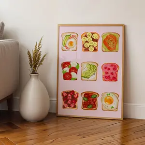 [SALE UP TO 40%] [Unframed] Toast Kitchen Print: Fun Food Art, Pink Breakfast Theme