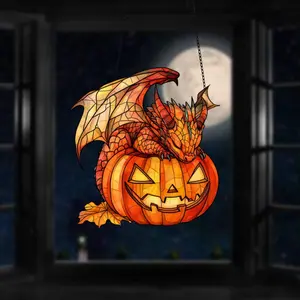 Dragon Sleeps on pumpkin halloween window decor, mythical creature Acrylic Window Hanging, Halloween decor, Gift for him, Halloween gift, Hanging Ornament
