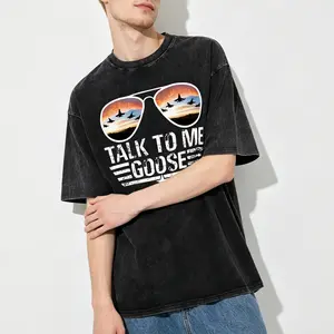 Oversized Drop Shoulder Acid Washed Heavyweight Cotton T-Shirt for Men, Vintage Fighter Jet Pilot Print Military Aviation Style Casual Daily Gift Tee Top