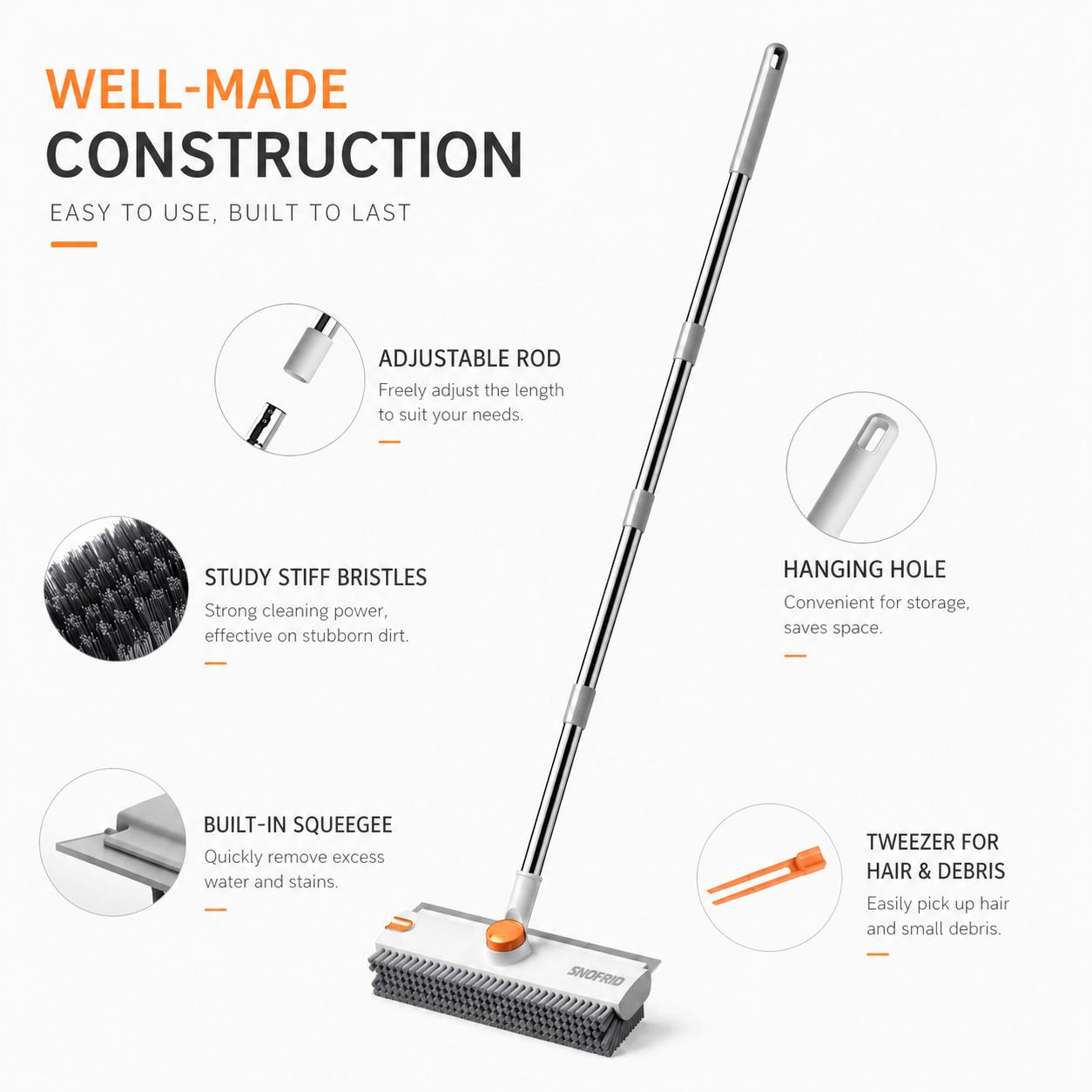 Snofrid Floor Scrub Brush, 3 in 1 Floor Scrub Brush with 54-in Adjustable Long Handle and Scraper Heavy Duty Stiff Bristle Floor Scrubber for Cleaning Shower Bathroom Kitchen Patio Garage Pool Wall and Deck, Orange&White Snofrid Floor Scrub Brush, 3 in 1 Floor Scrub Brush with 54-in Adjustable Long Handle and Scraper Heavy Duty Stiff Bristle Floor Scrubber for Cleaning Shower Bathroom Kitchen Patio Garage Pool Wall and Deck, Orange&White