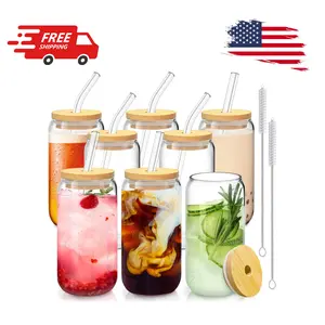 16 Oz Drinking Glasses with Bamboo Lids and Glass Straw - 8 Pcs