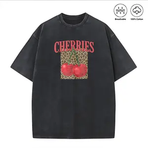 Washed T-shirt Y2K Cherries Graphic Tee: Leopard Print Retro Unisex Shirt
