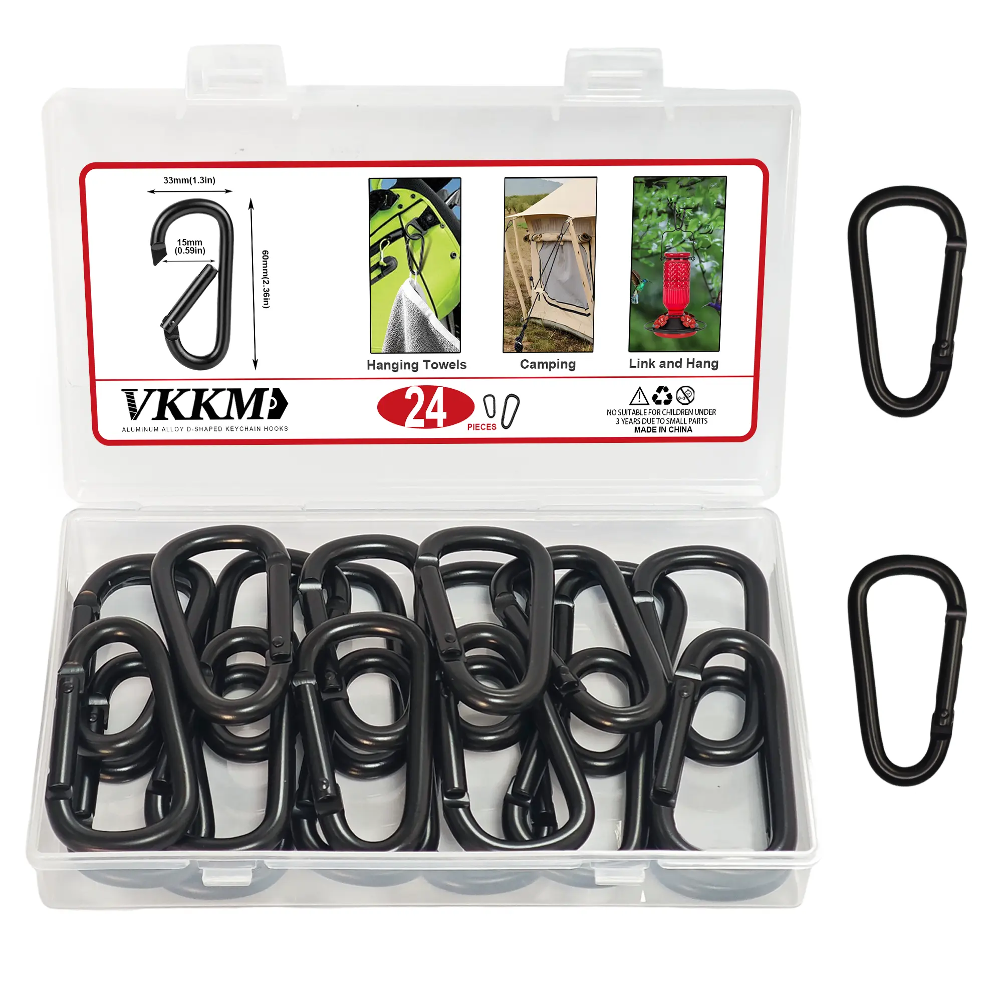 VKKM 24 Pack D Shape Aluminum Carabiner Clips, Small Lightweight Spring Snap Hook Keychain Clips for Camping, Backpack, Golf Bag, Hanging Outdoor Gear