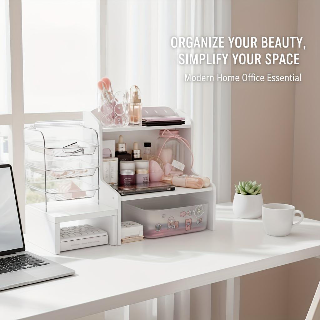 Minimalist White Desktop Organizer Shelf – Multi-Use Storage Rack for Books, Cosmetics & Office Supplies, Space-Saving Desk Organizer for Dorm, Bedroom & Home Office