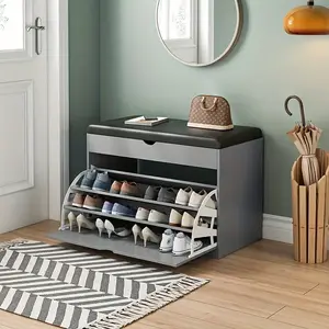 Pine Wood Shoe Bench - Cushioned Seat, Three-Tier Footwear Rack, and Storage Cabinet