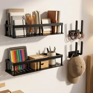 Shower Caddy Adhesive, Self-Adhesive Bathroom Shelves Basket, 2 Pack Large Capacity Shower Shelve with Hook Rack, No Drilling Bathroom Organizers and Storage for Home Decor