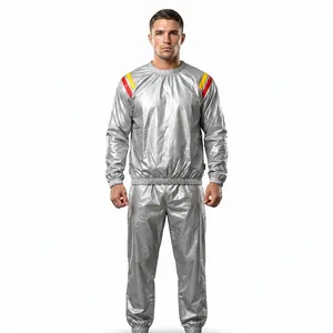 REX 357 Retro Shoulder Stripe 2-Piece Sauna Suit | Silver Elastic Pullover Top & Solid Pants Set