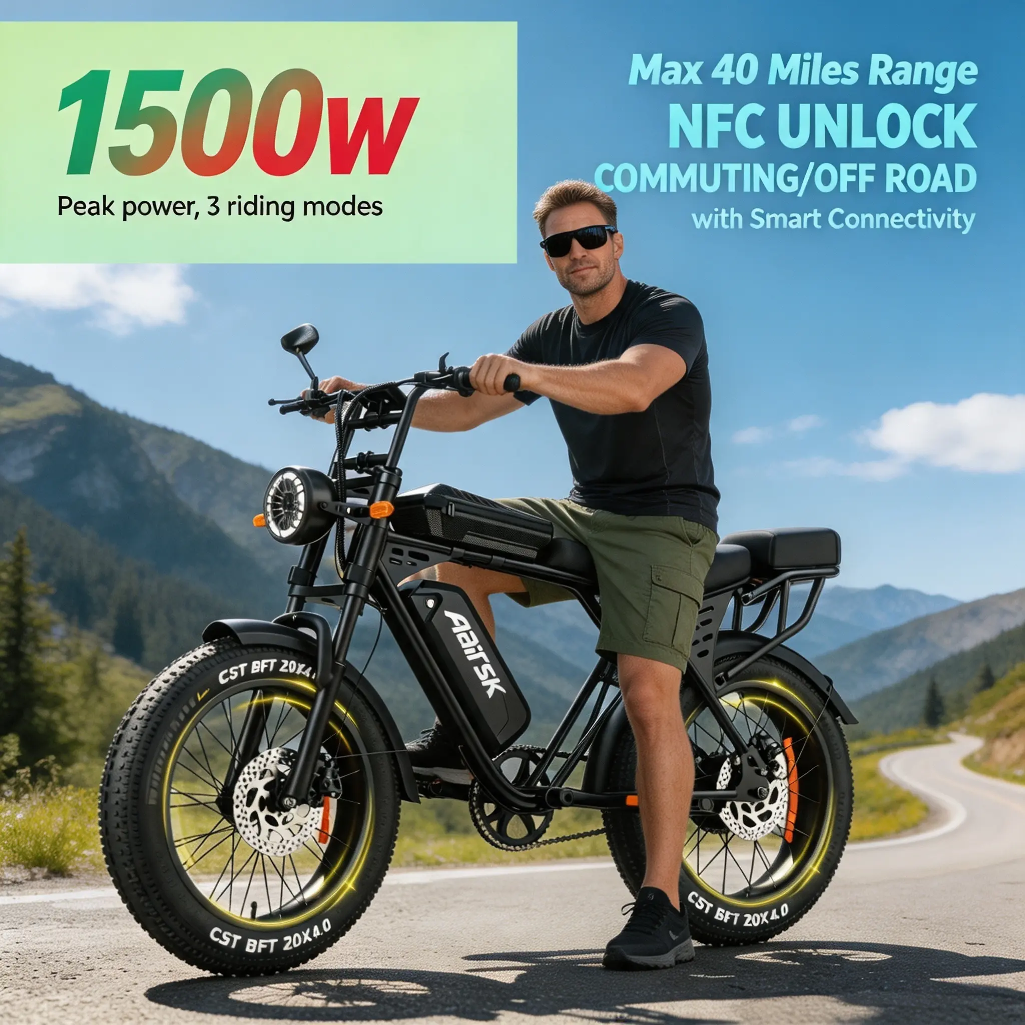 All Terrain Off Road Adult Ebike 1500W, NFC Intelligent Unlock, 20 Inch CST Fat Tire E-Bicycle, 48V 15Ah Removable Battery for Commute & Outdoor Adventure