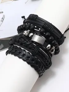 Vintage Style Adjustable Pu Leather Braided Beaded Bracelet, Punk Matching Jewelry for Party, Daily Clothing Decor for Men & Women, Streetwear Hip Hop Accessory for Musical Festival, Bracelets Stack
