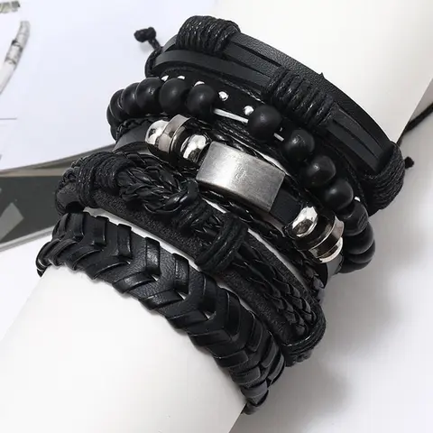 Vintage Style Adjustable Pu Leather Braided Beaded Bracelet, Punk Matching Jewelry for Party, Daily Clothing Decor for Men & Women, Streetwear Hip Hop Accessory for Musical Festival, Stackable Bracelet, Stackable Bracelet Set, Adjustable Bracelets