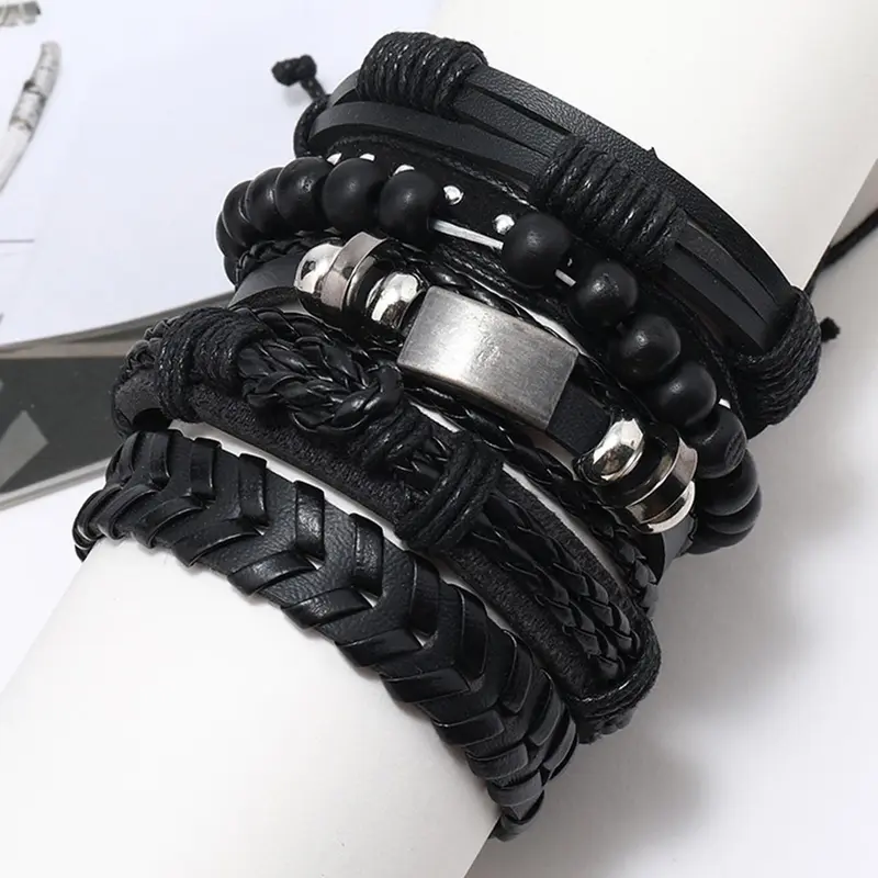 Vintage Style Adjustable Pu Leather Braided Beaded Bracelet, Punk Matching Jewelry for Party, Daily Clothing Decor for Men & Women, Streetwear Hip Hop Accessory for Musical Festival, Stackable Bracelet, Stackable Bracelet Set, Adjustable Bracelets