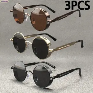 3 Pack Vintage Steampunk Sunglasses for Men Women Unisex Classic Round Metal Frame UV400 Protection Lightweight Fashion Shades for Daily Wear Travel Street Style Outdoor & Party Eyewear, Sunglasses For Women, Men's Sunglasses