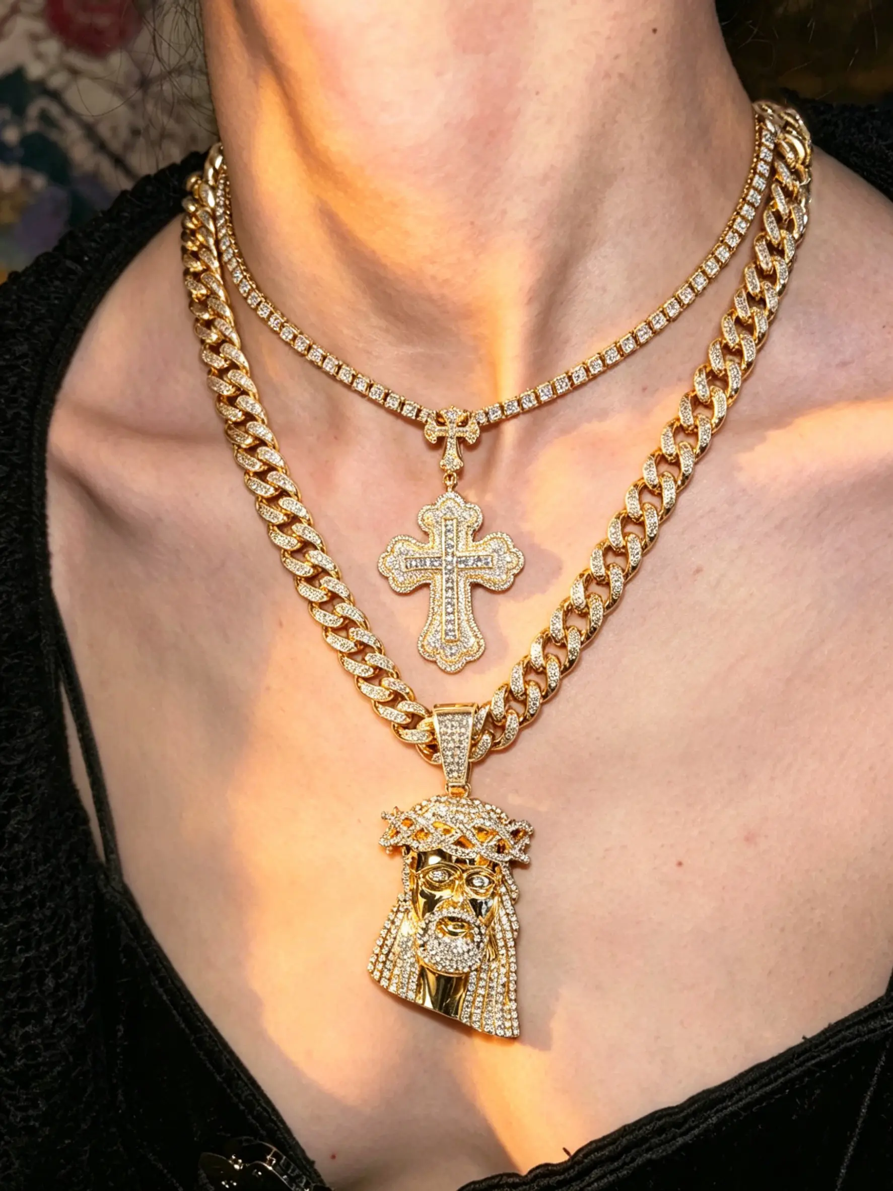 2-Piece Pendant Necklace Set, Fashion Jewelry, Silver Color & Plated, Diamond Inlay, Street Style, Unisex, Perfect for Gatherings & Outings